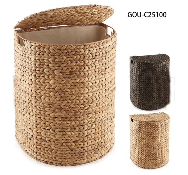 Half-Moon-Laundry Hamper Basket w / Lid-Removable-Liner-for-Clothes