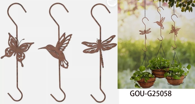 Set of 3 Metal S Hook Plant Birdfeeder Hangers Dragonfly Butterfly Hummingbird