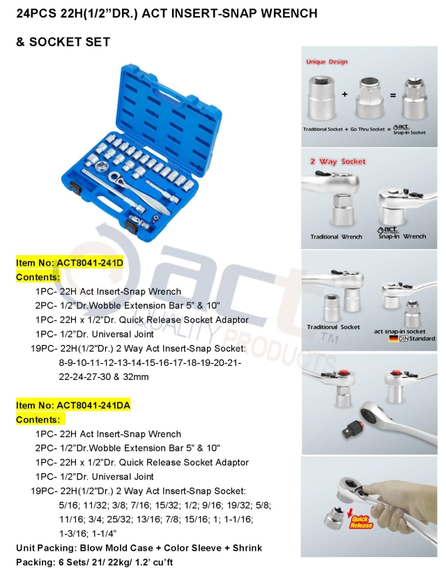 24PCS 22H(1/2”DR.) ACT INSERT-SNAP WRENCH & SOCKET SET 24PCS 22H(1/2”DR.) ACT INSERT-SNAP WRENCH & SOCKET SET