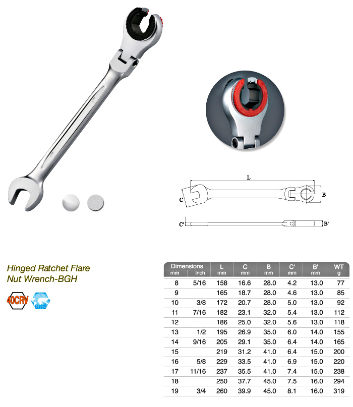 Hinged Ratchet Flare Nut Wrench-BGH
