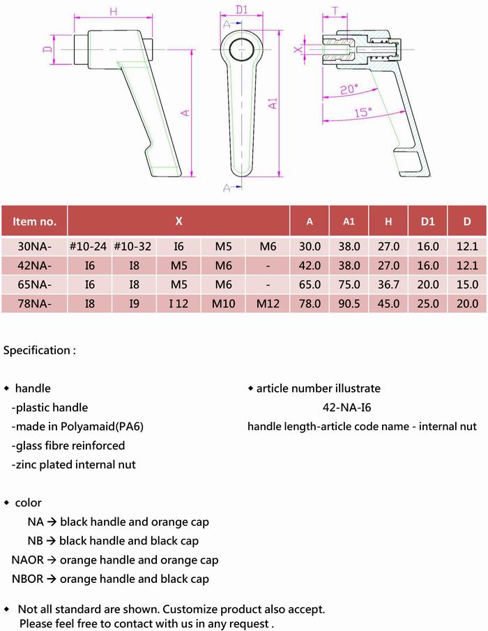 Plastic adjustable clamping lever with internal nut handle