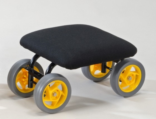 Garden cart with padded seat on wheels Garden cart with padded seat on wheels