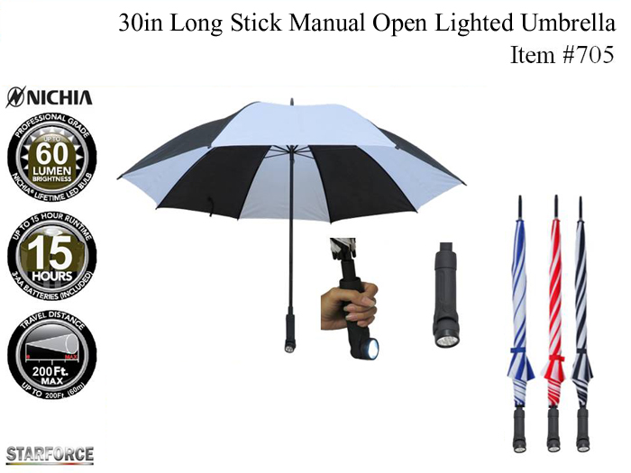30in Long Stick Manual Open Lighted Umbrella
