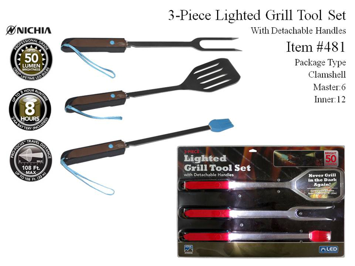 3-Piece Lighted Grill Tool Set  With Detachable Handles