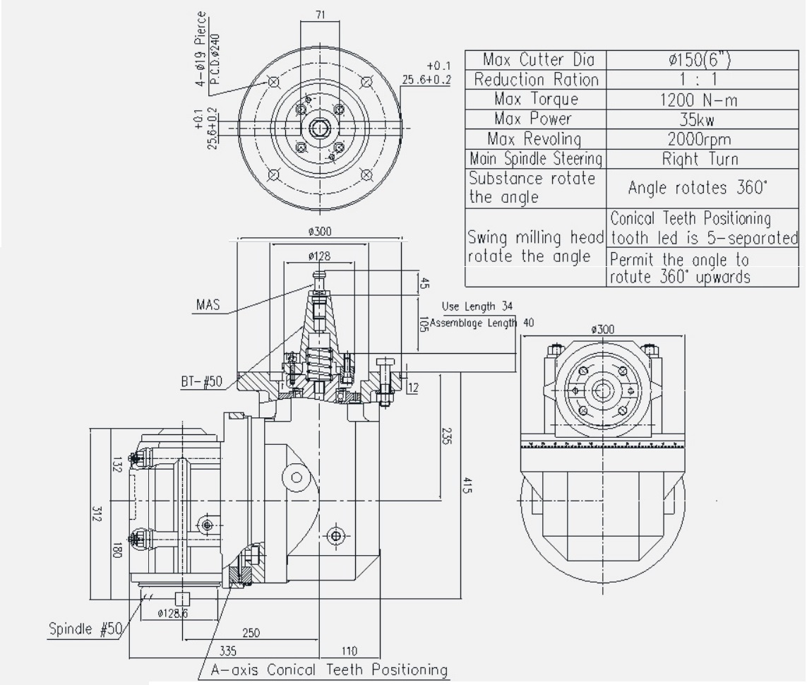 A-axis Conical Teeth Positioning Eccentric Spindle Milling Head