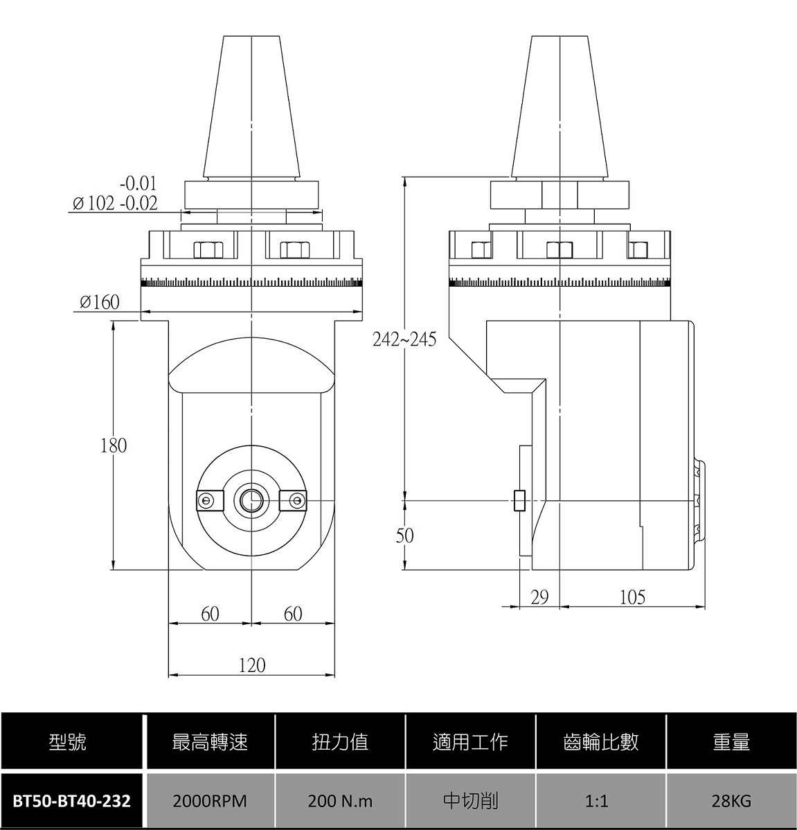 BT50-BT40-232 側銑頭