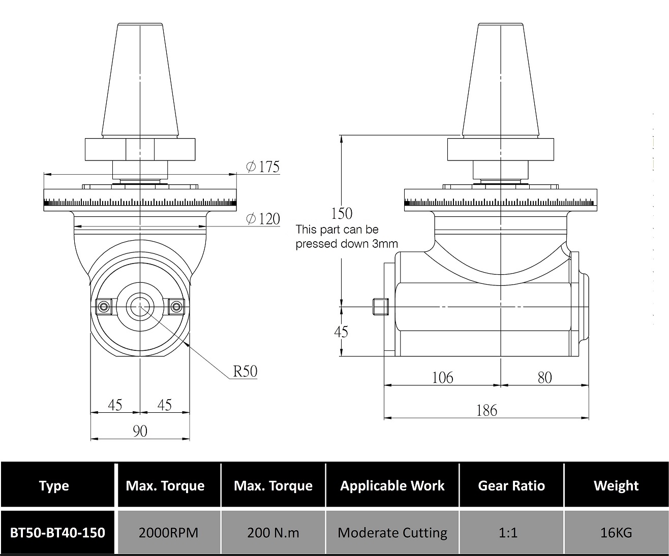 BT50-BT40-150 Angle Head BT50-BT40-150 Angle Head