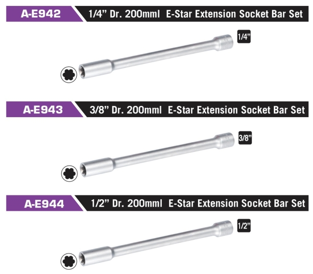 A-E942 1/4” Dr. 200mml E-Star Extension Socket Bar Set A-E942 1/4” Dr. 200mml E-Star Extension Socket Bar Set