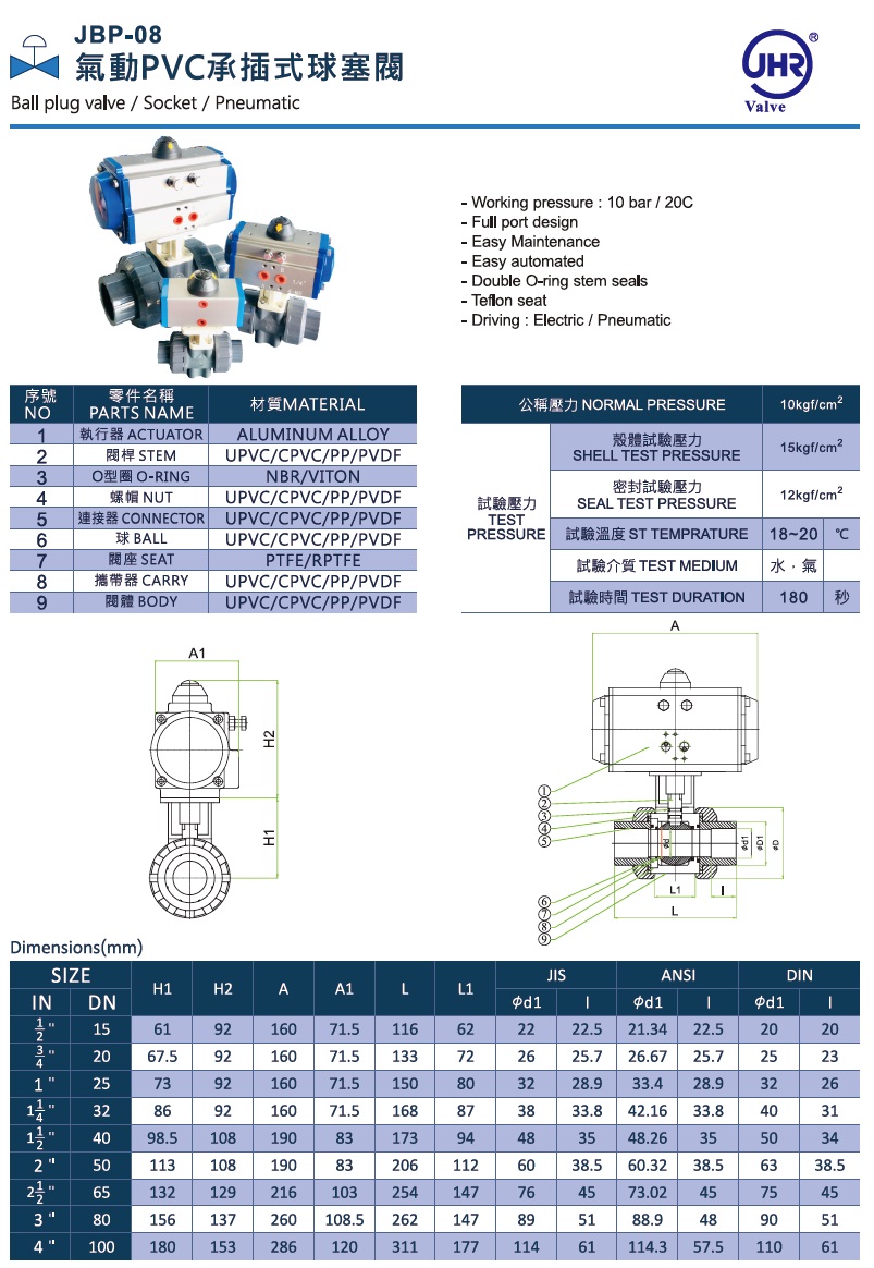 JBP-08 氣動PVC 承插式球塞閥 JBP-08 氣動PVC 承插式球塞閥