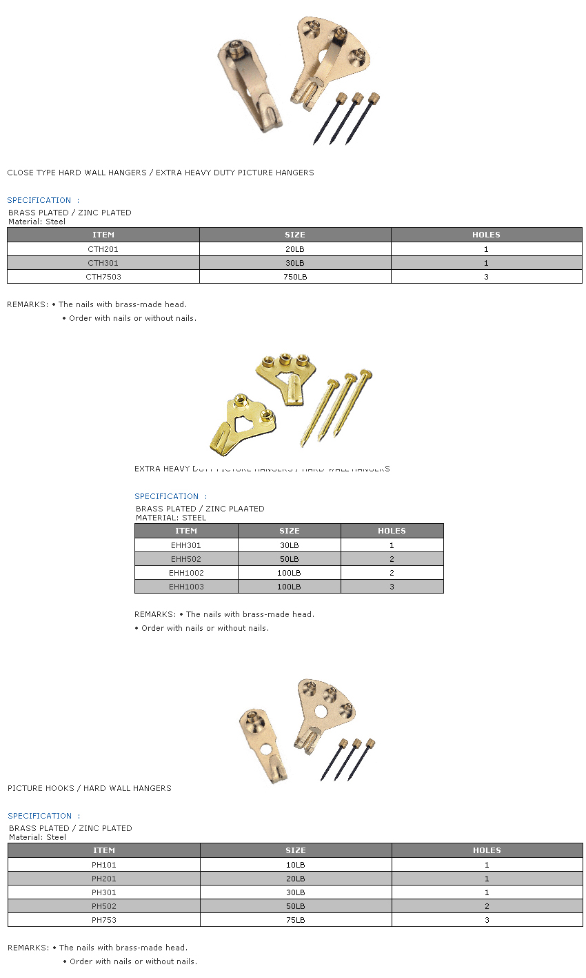 Close Type Hard Wall Hangers / Extra Heavy Duty Picture Hangers