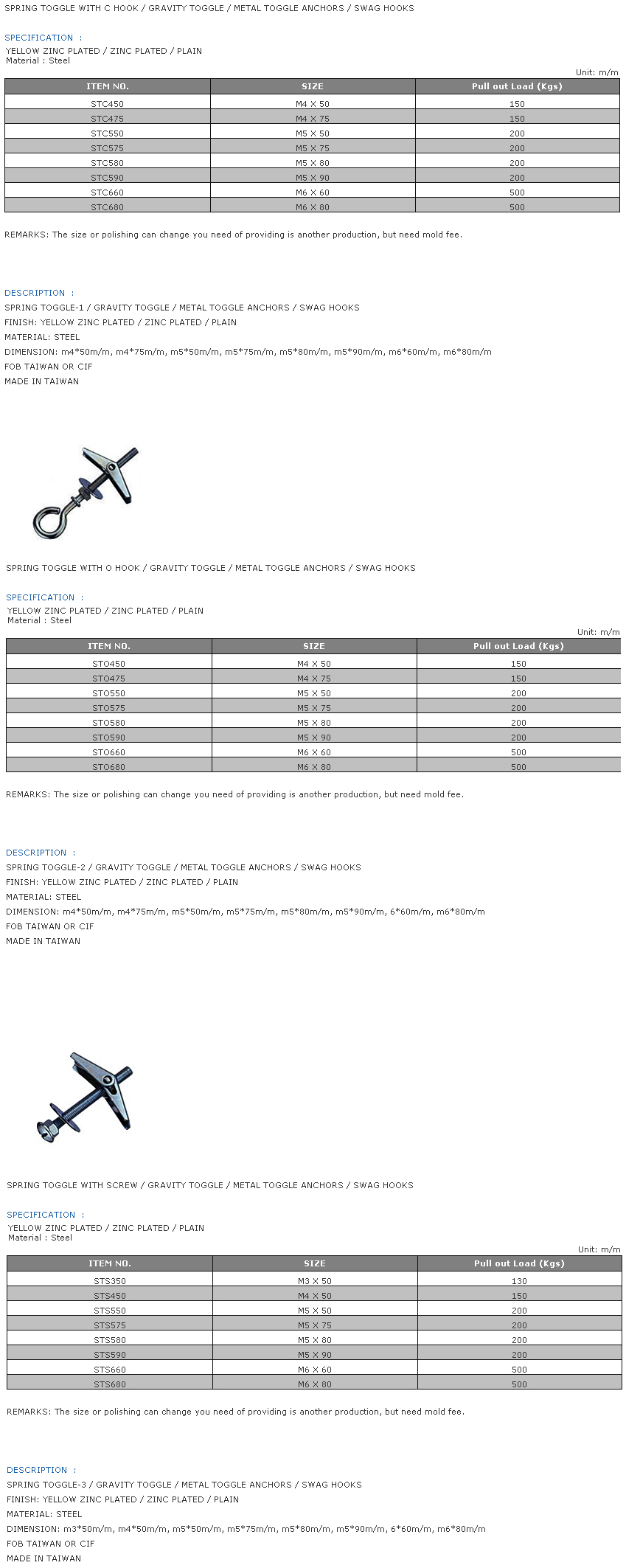 Spring Toggle With C Hook / Gravity Toggle / Metal Toggle Anchors / Swag Hooks