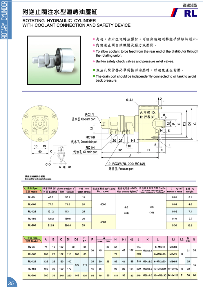 附逆止阀注水型回转油压缸