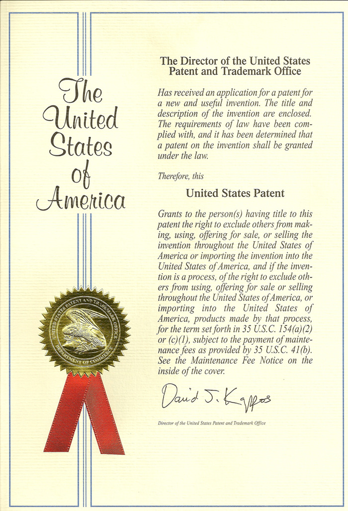 美國發明專利證書