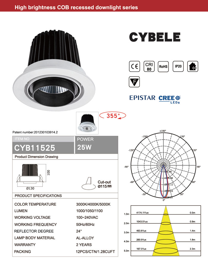 CRI80 25W COB LED DOWNLIGHT CREE OR EPISTAR