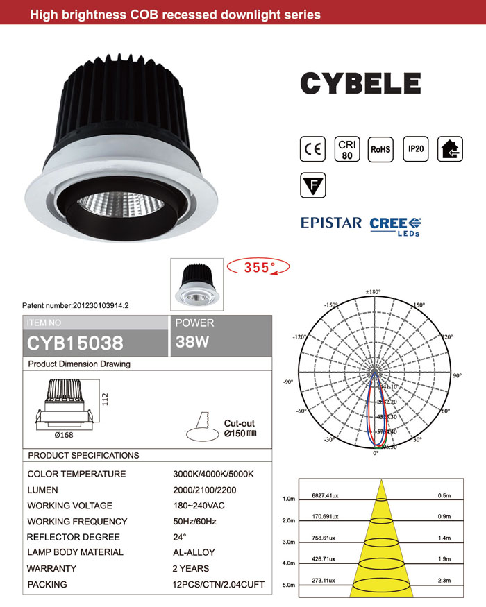 RECESSED CEILING CRI80 38W COB LED DOWNLIGHT CREE OR EPISTAR