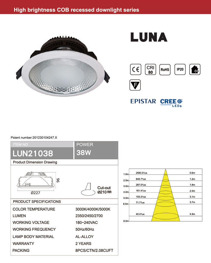 CREE or EPISTAR 38W COB LED DOWNLIGHT