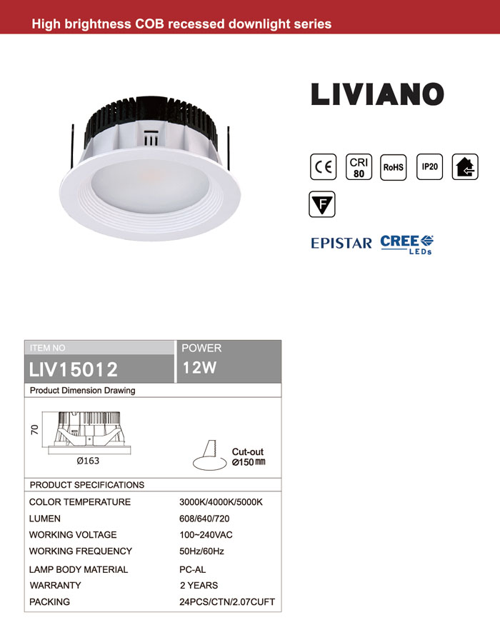 EPISTAR or CREE 12W LED COB DOWNLIGHT EPISTAR or CREE 12W LED COB DOWNLIGHT
