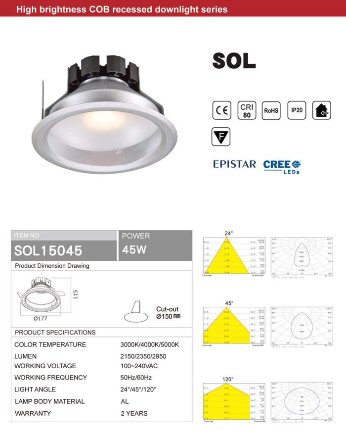 HIGH BRIGHTNESS 45W COB LED DOWNLIGHT EPISTAR OR CREE