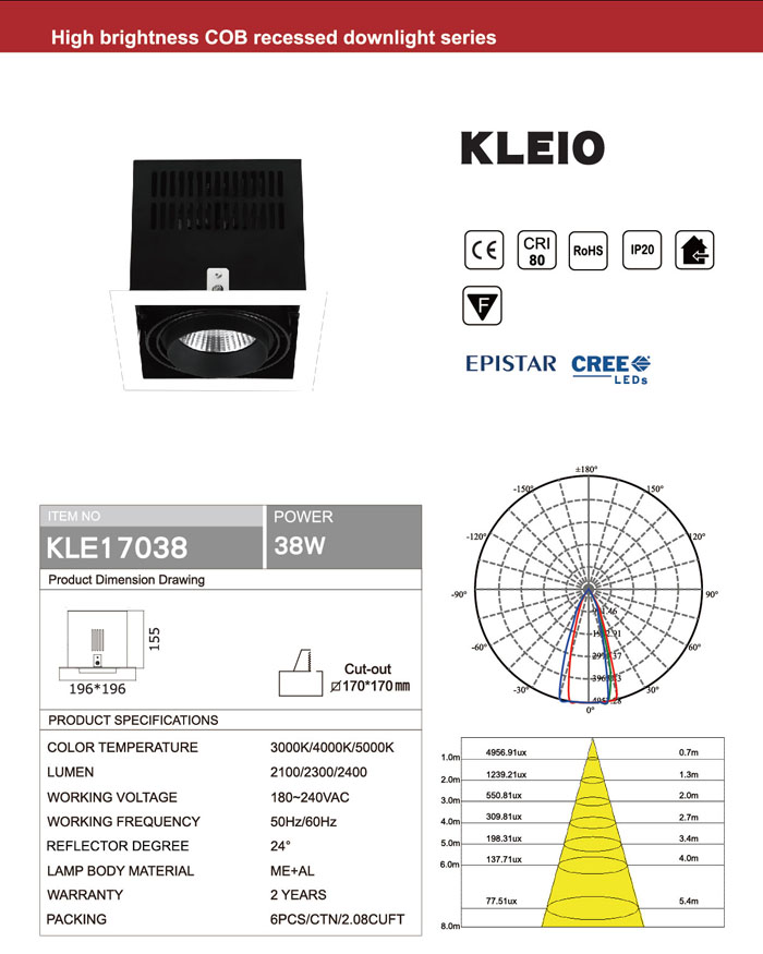 SQUARE GIMBAL CRI80 38W COB LED DOWNLIGHT CREE OR EPISTAR