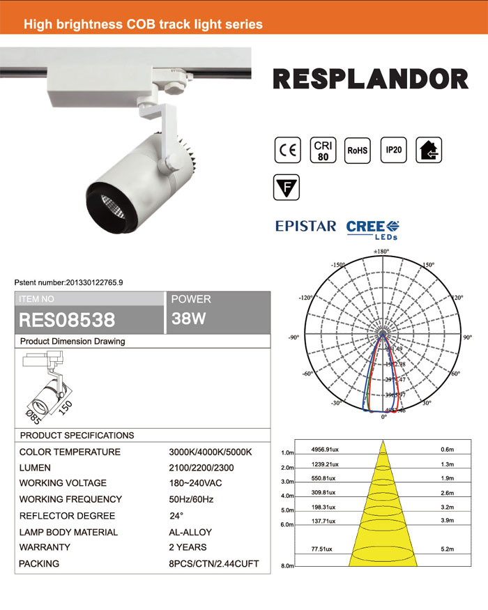 WHITE BLACK 0.9 PF CRI80 38W COB LED TRACK LIGHT CREE OR EPISTAR