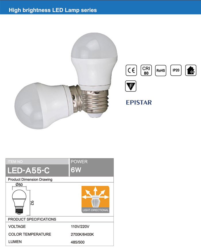 RETROFIT LIGHT OMNI DIRECTIONAL Ra80 E27 6W LED BULB