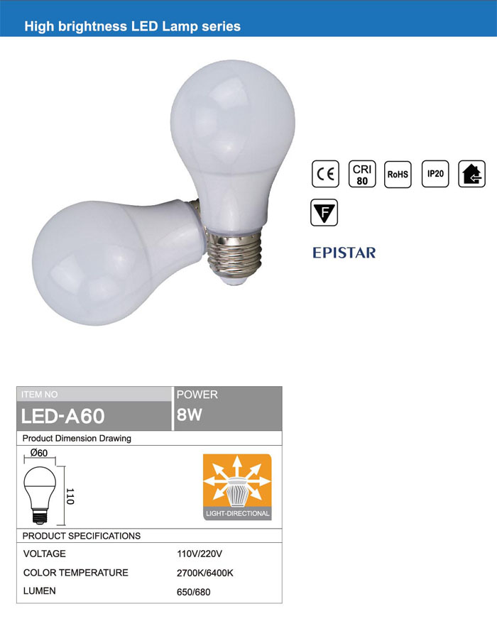 OMNI DIRECTIONAL Ra80 E27 A60 8W LED BULB