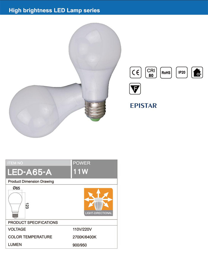 RETROFIT OMNI DIRECTIONAL Ra80 E27 A65 11W LED BULB