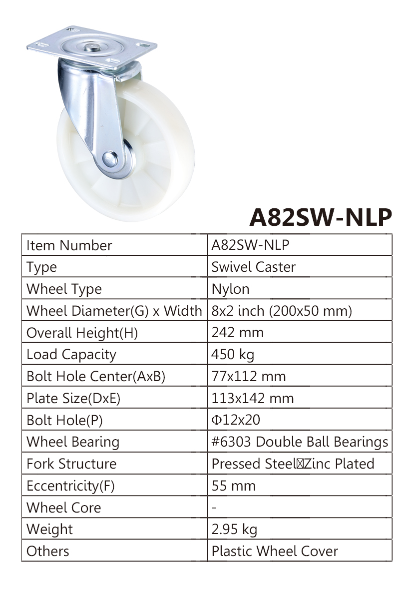8 inch Nylon Heavy Duty Swivel Caster Wheels