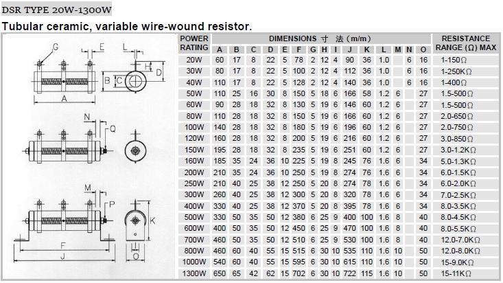 DSR Tubular Ceramic, Variable Wire-Wound Resistor