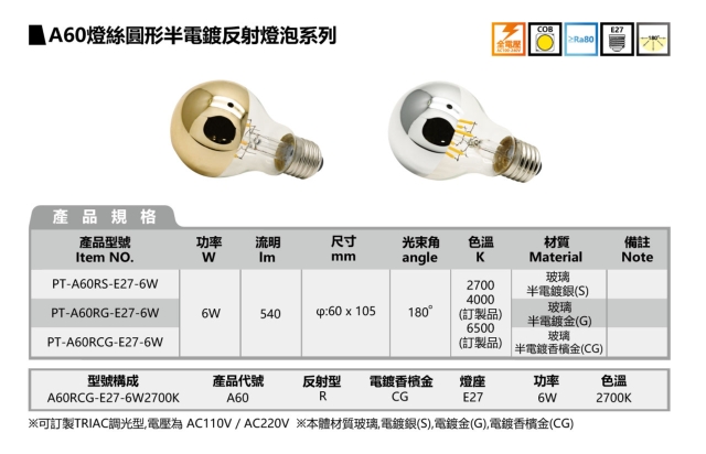 A60 灯丝圆形半电镀反射灯泡系列