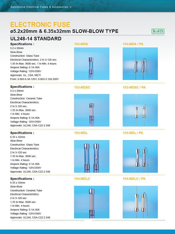 ELECTRONIC FUSE ø5.2x20mm & 6.35x32mm SLOW-BLOW TYPE ELECTRONIC FUSE ø5.2x20mm & 6.35x32mm SLOW-BLOW TYPE