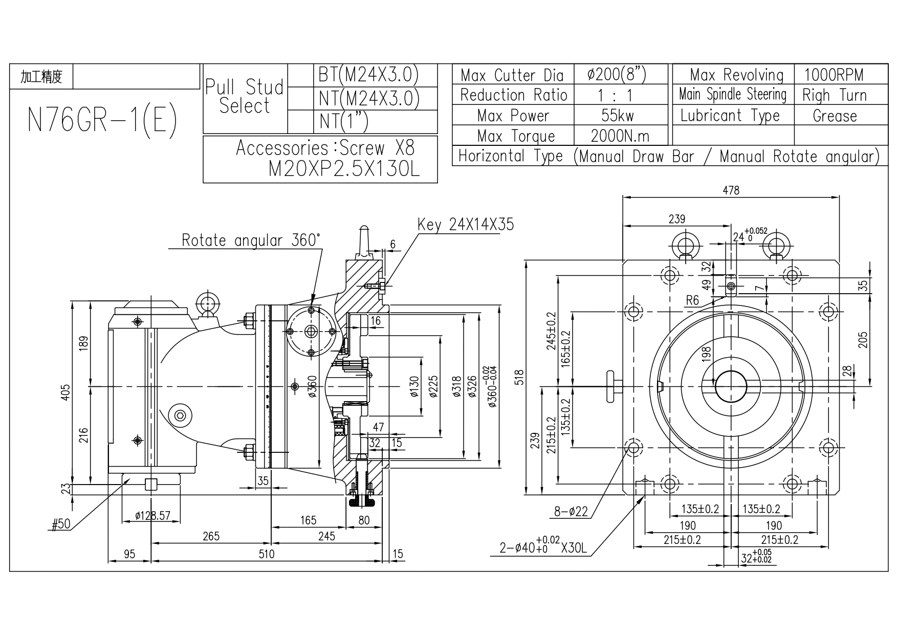 N76GR Power, High Precision Milling Head | Applicable Heavy Duty Double Column Milling Machine