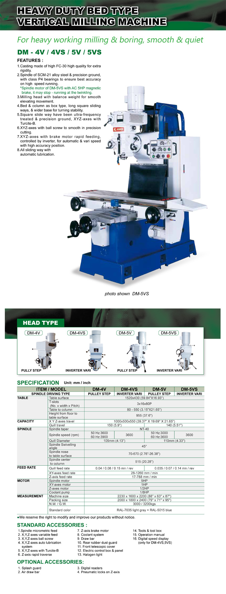 Vertical bed type milling machine