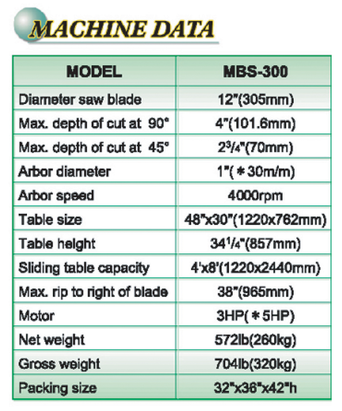 MBS-300 12” Tilting Arbor Saw