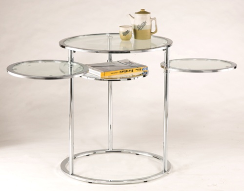 Flat-tube glass swivel table with a big and three small tabletops