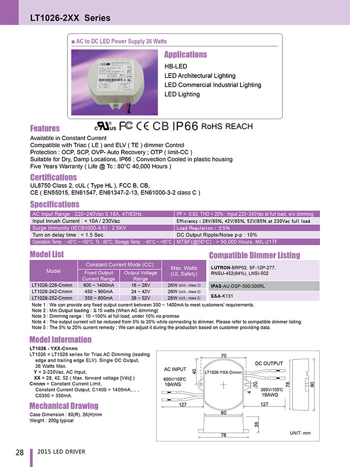 LT1026-2XX Series - LT1026-2XX(26W), AC / DC, , Dimm-Triac AC (220V)