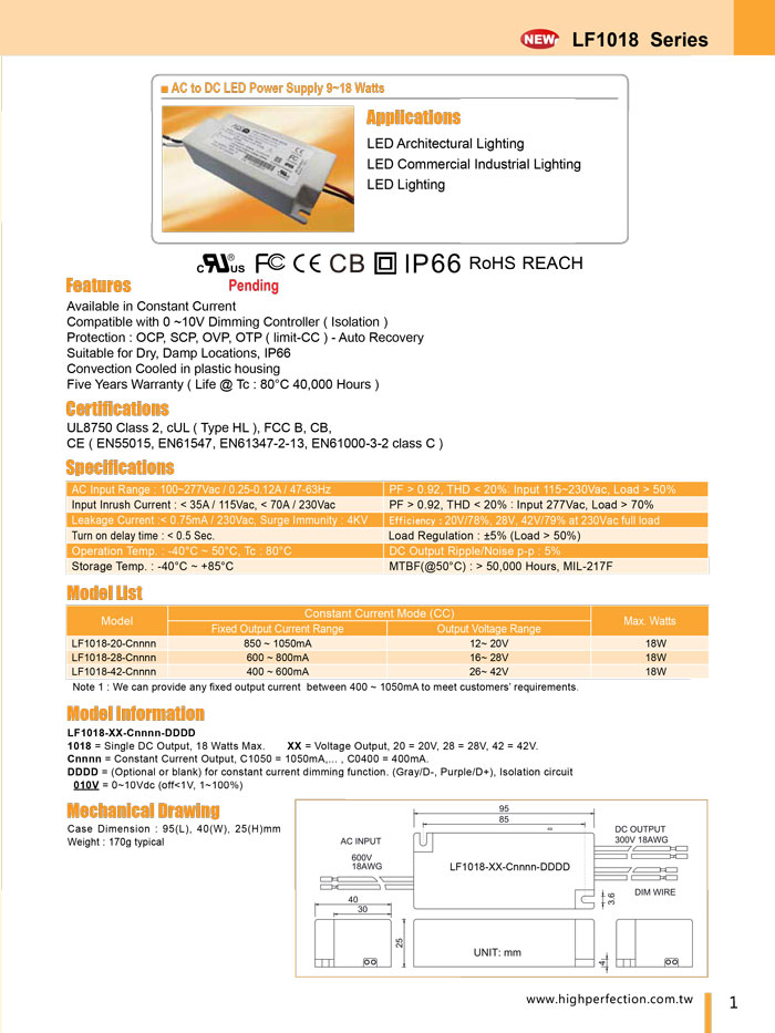 LF1018 series - LED Driver - Switching Power Supply LF1018 series - LED Driver - Switching Power Supply