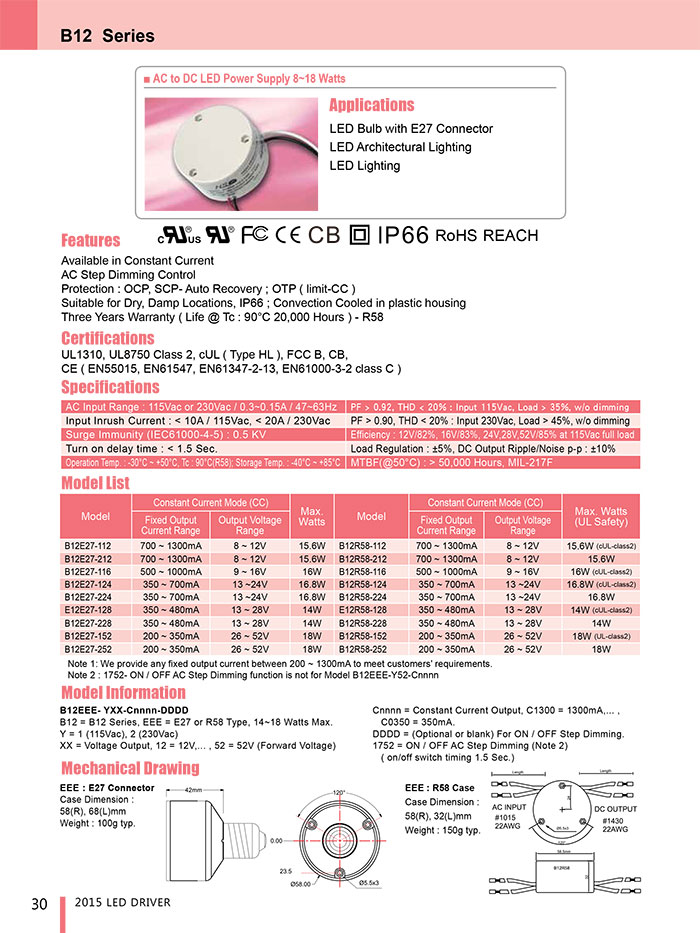 B12 Series - B12(8-18W), AC / DC, Dimm-Step Dimm