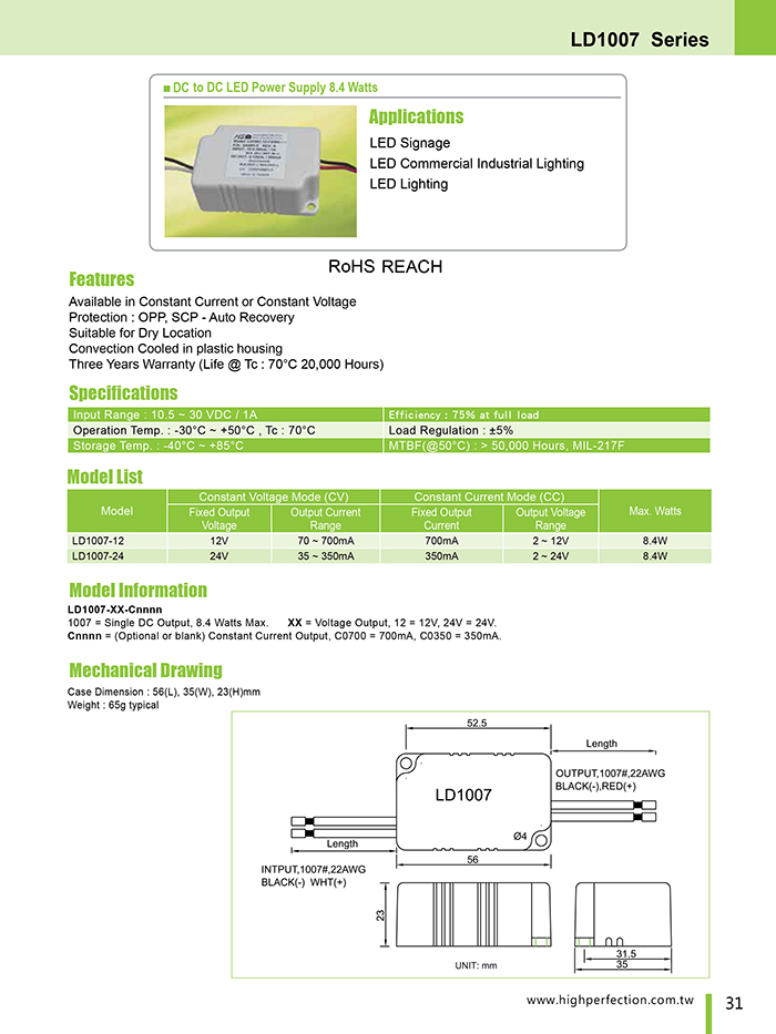 LD1007 Series - (8.4W), DC / DC LD1007 Series - (8.4W), DC / DC