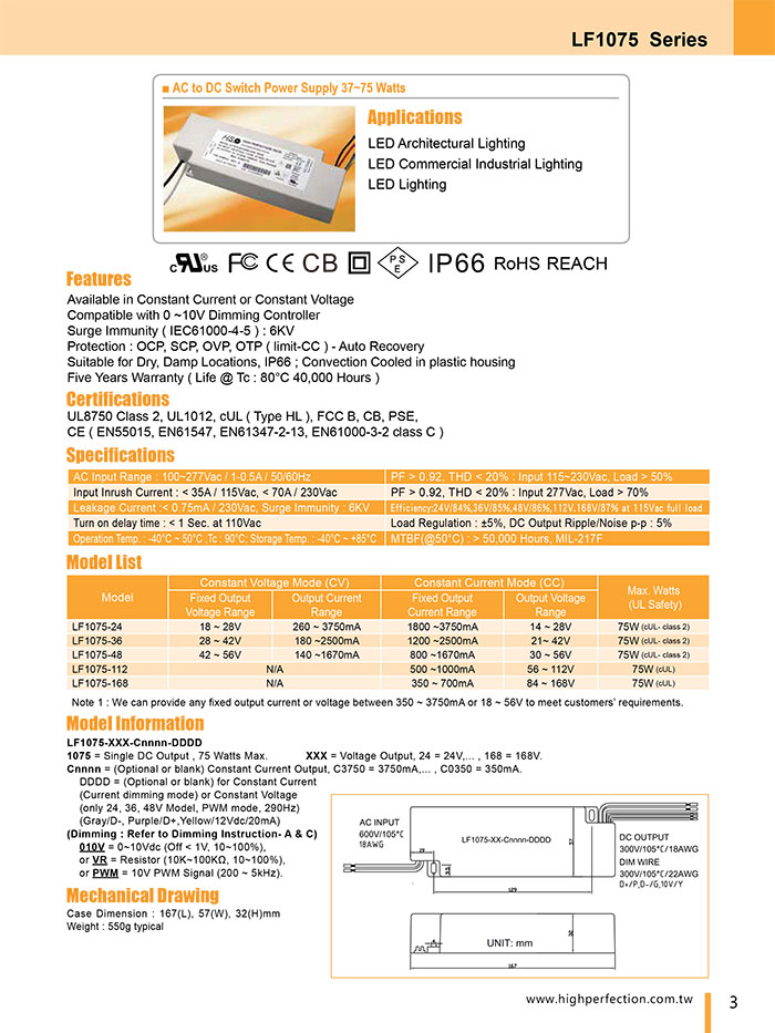 LF1075 series - LF1075(35-75W), AC / DC, Dimm-0-10V, VR, PWM