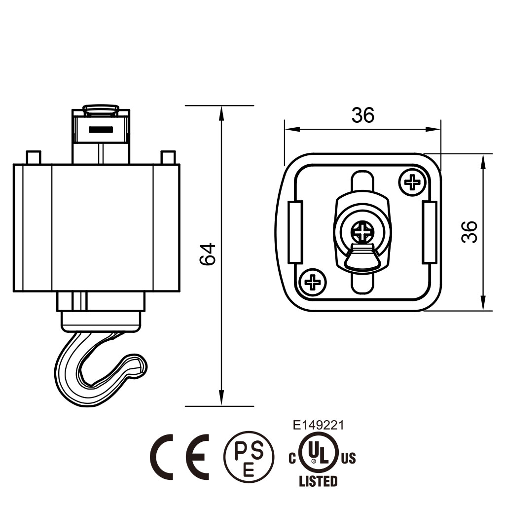 Suspension hook for 3 wire track light
