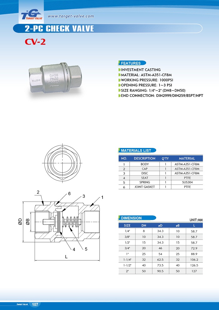 2-PC Spring Check Valve