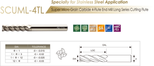 Super Micro Grain Carbide 4-Flute End Mill Long Series Cutting Flute