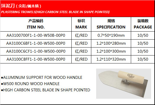 PLASTERING TROWELS(HIGH CARBON STEEL BLADE IN SHAPE POINTED)