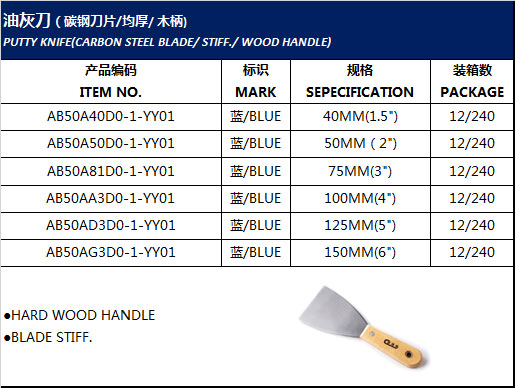 PUTTY KNIFE(CARBON STEEL BLADE/ STIFF./ WOOD HANDLE)