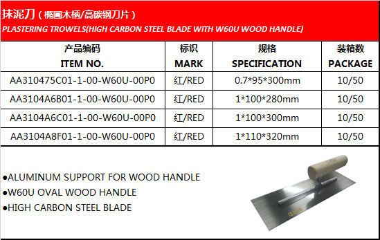 PLASTERING TROWELS(HIGH CARBON STEEL BLADE WITH W60U WOOD HANDLE)