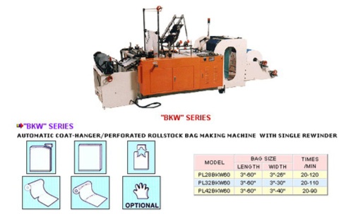 AUTOMATIC COAT-HANGER/PERFORATED ROLLSTOCK BAG MAKING MACHINE  WITH SINGLE REWINDER