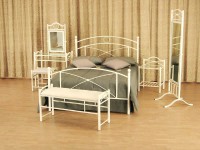 ROOM SET: METAL BED, BEDSIDE TABLE, CHEVAL MIRROR, BENCH